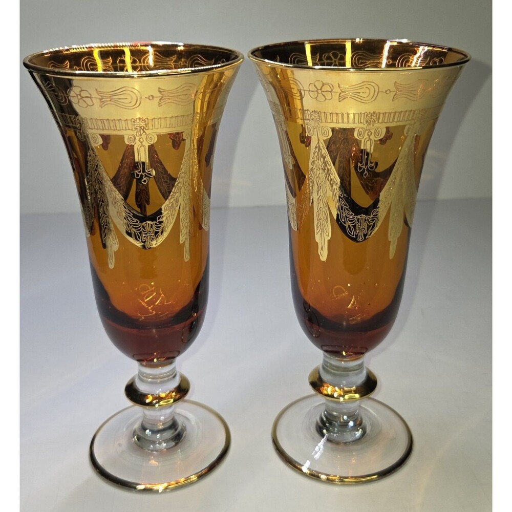 Pair Of Arte Italica Medici Amber Gold Champagne Flutes Goblets Glasses 7.5" Set